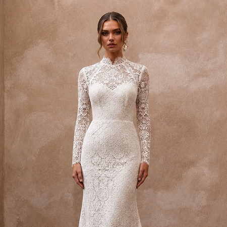 Modest Lace Trumpet Wedding Dress with High Neck - Apparel & Accessories > Clothing > Wedding & Bridal Party Dresses > Wedding Dresses - Mignonette Bridal