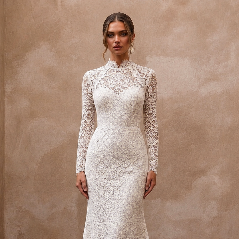 Modest Lace Trumpet Wedding Dress with High Neck - Apparel & Accessories > Clothing > Wedding & Bridal Party Dresses > Wedding Dresses - Mignonette Bridal