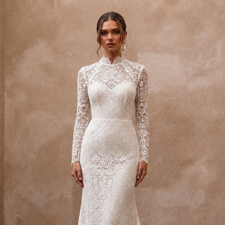 Modest Lace Trumpet Wedding Dress with High Neck - Apparel & Accessories > Clothing > Wedding & Bridal Party Dresses > Wedding Dresses - Mignonette Bridal
