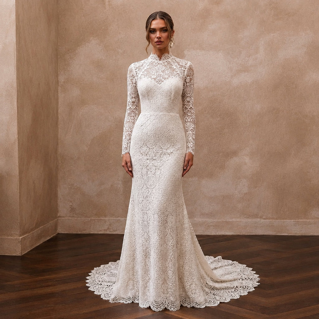 Modest Lace Trumpet Wedding Dress with High Neck - Apparel & Accessories > Clothing > Wedding & Bridal Party Dresses > Wedding Dresses - Mignonette Bridal