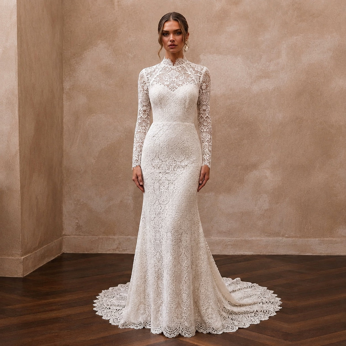 Modest Lace Trumpet Wedding Dress with High Neck - Apparel & Accessories > Clothing > Wedding & Bridal Party Dresses > Wedding Dresses - Mignonette Bridal