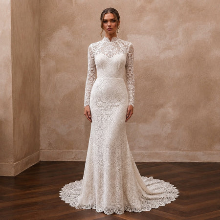 Modest Lace Trumpet Wedding Dress with High Neck - Apparel & Accessories > Clothing > Wedding & Bridal Party Dresses > Wedding Dresses - Mignonette Bridal
