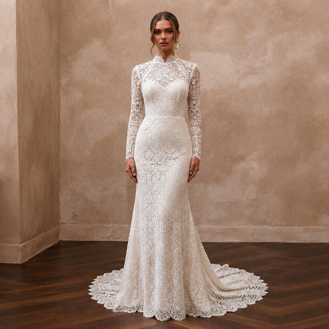 Modest Lace Trumpet Wedding Dress with High Neck - Apparel & Accessories > Clothing > Wedding & Bridal Party Dresses > Wedding Dresses - Mignonette Bridal