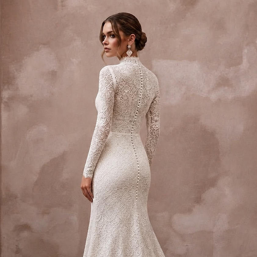 Modest Lace Trumpet Wedding Dress with High Neck - Apparel & Accessories > Clothing > Wedding & Bridal Party Dresses > Wedding Dresses - Mignonette Bridal