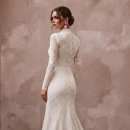 Modest Lace Trumpet Wedding Dress with High Neck - Apparel & Accessories > Clothing > Wedding & Bridal Party Dresses > Wedding Dresses - Mignonette Bridal
