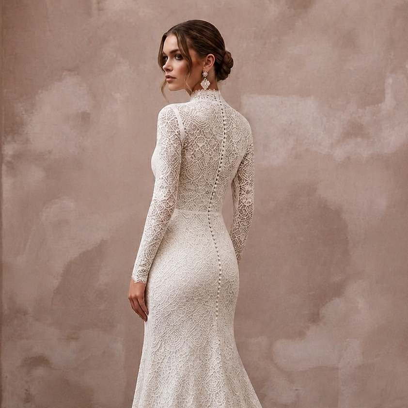 Modest Lace Trumpet Wedding Dress with High Neck - Apparel & Accessories > Clothing > Wedding & Bridal Party Dresses > Wedding Dresses - Mignonette Bridal