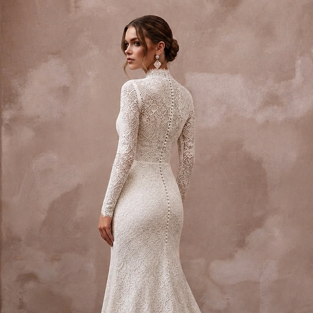Modest Lace Trumpet Wedding Dress with High Neck - Apparel & Accessories > Clothing > Wedding & Bridal Party Dresses > Wedding Dresses - Mignonette Bridal