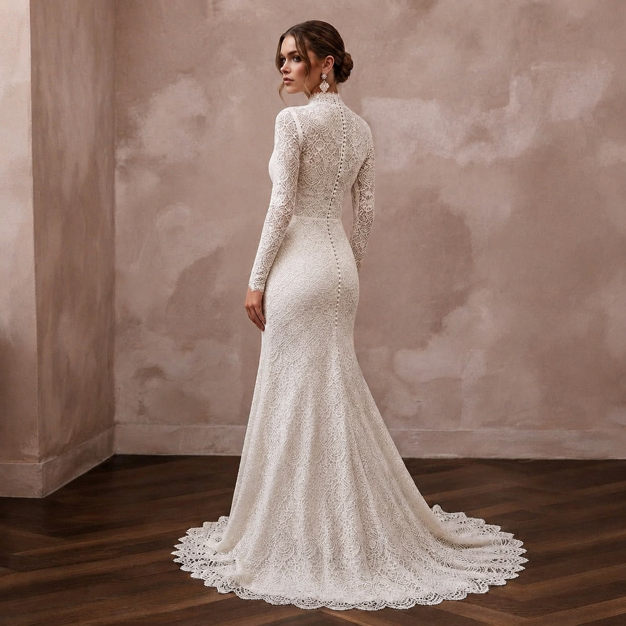 Modest Lace Trumpet Wedding Dress with High Neck Secondary image