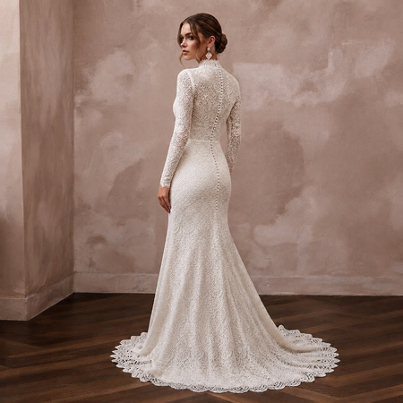 Modest Lace Trumpet Wedding Dress with High Neck - Apparel & Accessories > Clothing > Wedding & Bridal Party Dresses > Wedding Dresses - Mignonette Bridal