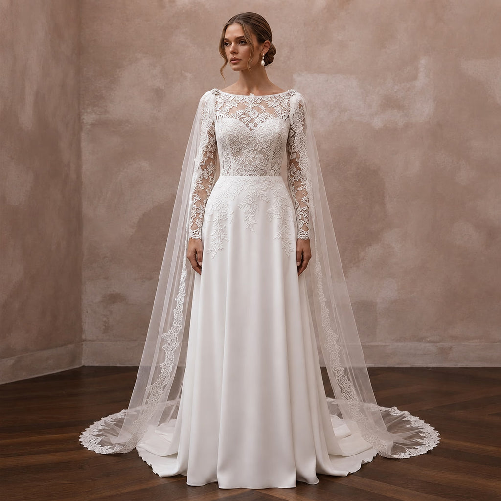 Modest Lace Wedding Dress with Cape and A-Line Silhouette
