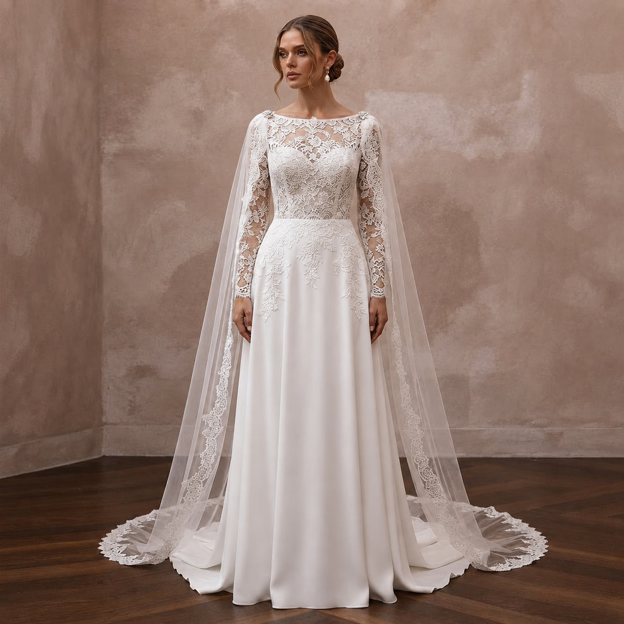 Modest Lace Wedding Dress with Cape and A-Line Silhouette