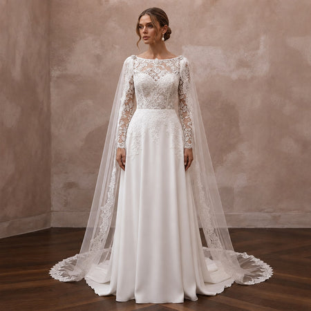 Modest Lace Wedding Dress with Cape and A-Line Silhouette
