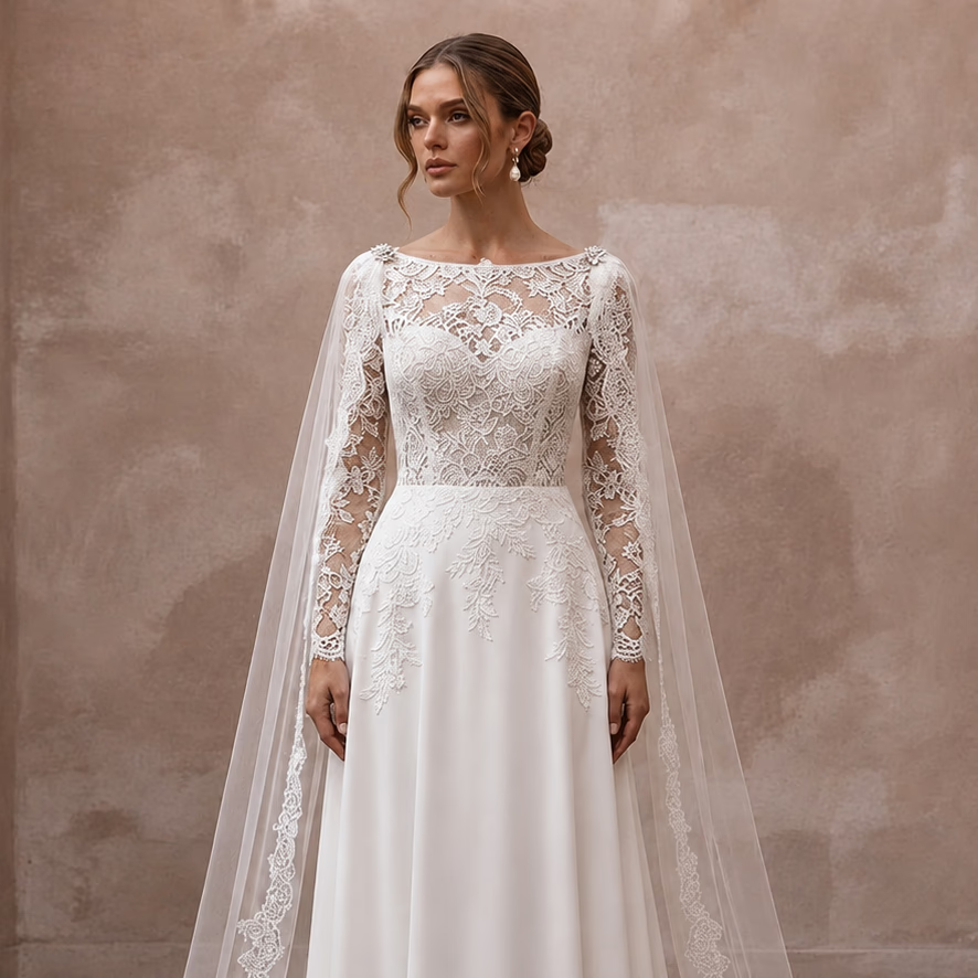 Modest Lace Wedding Dress with Cape and A-Line Silhouette
