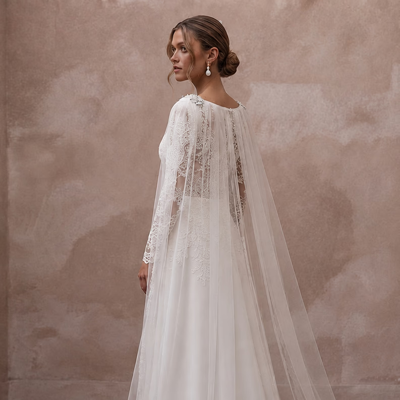 Modest Lace Wedding Dress with Cape and A-Line Silhouette