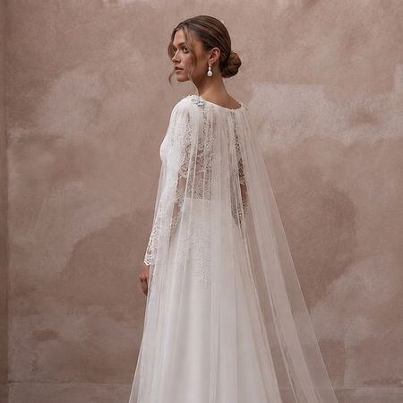 Modest Lace Wedding Dress with Cape and A-Line Silhouette