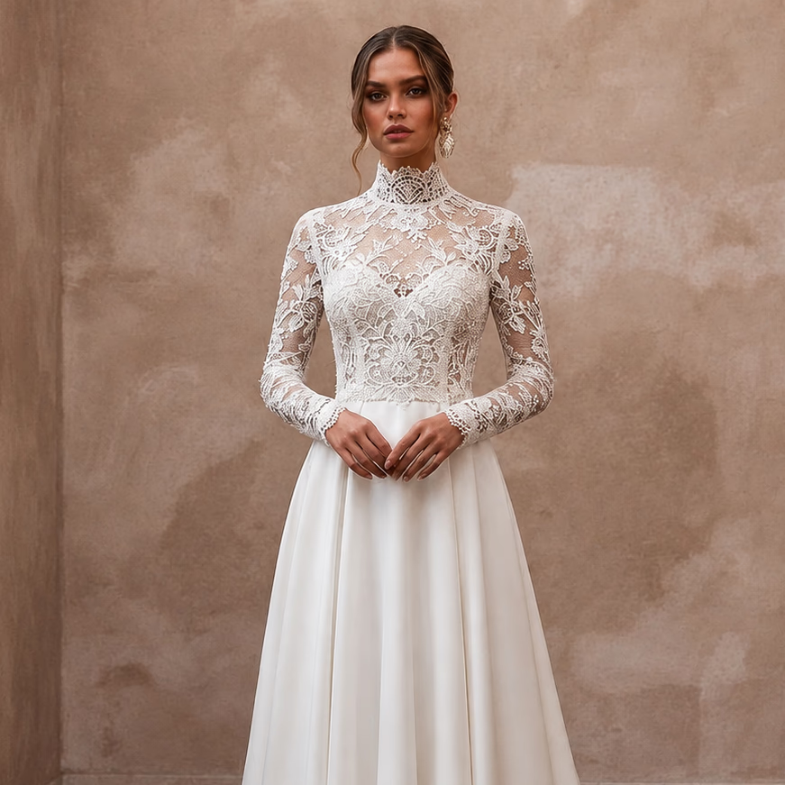 Modest Lace Wedding Dress with High Neck and Long Sleeves
