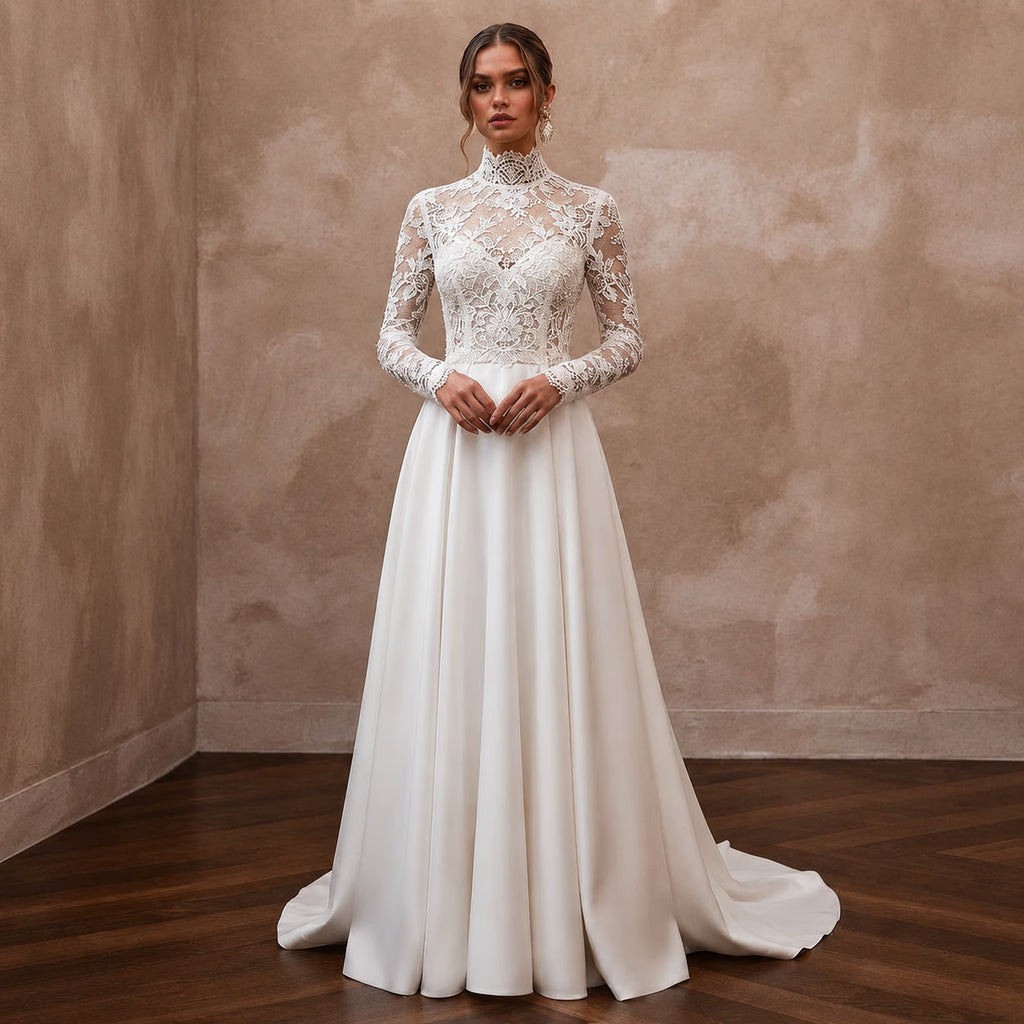 Modest Lace Wedding Dress with High Neck and Long Sleeves