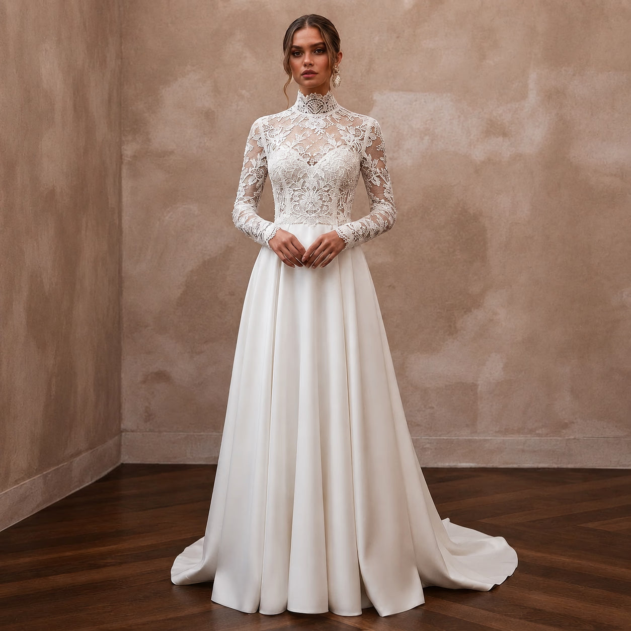 Modest Lace Wedding Dress with High Neck and Long Sleeves