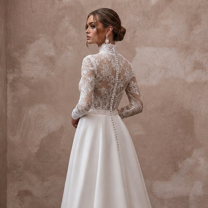 Modest Lace Wedding Dress with High Neck and Long Sleeves