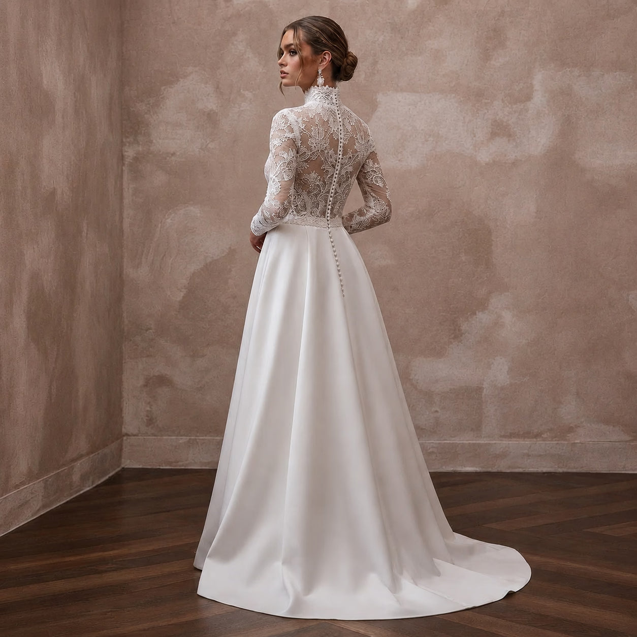 Modest Lace Wedding Dress with High Neck and Long Sleeves