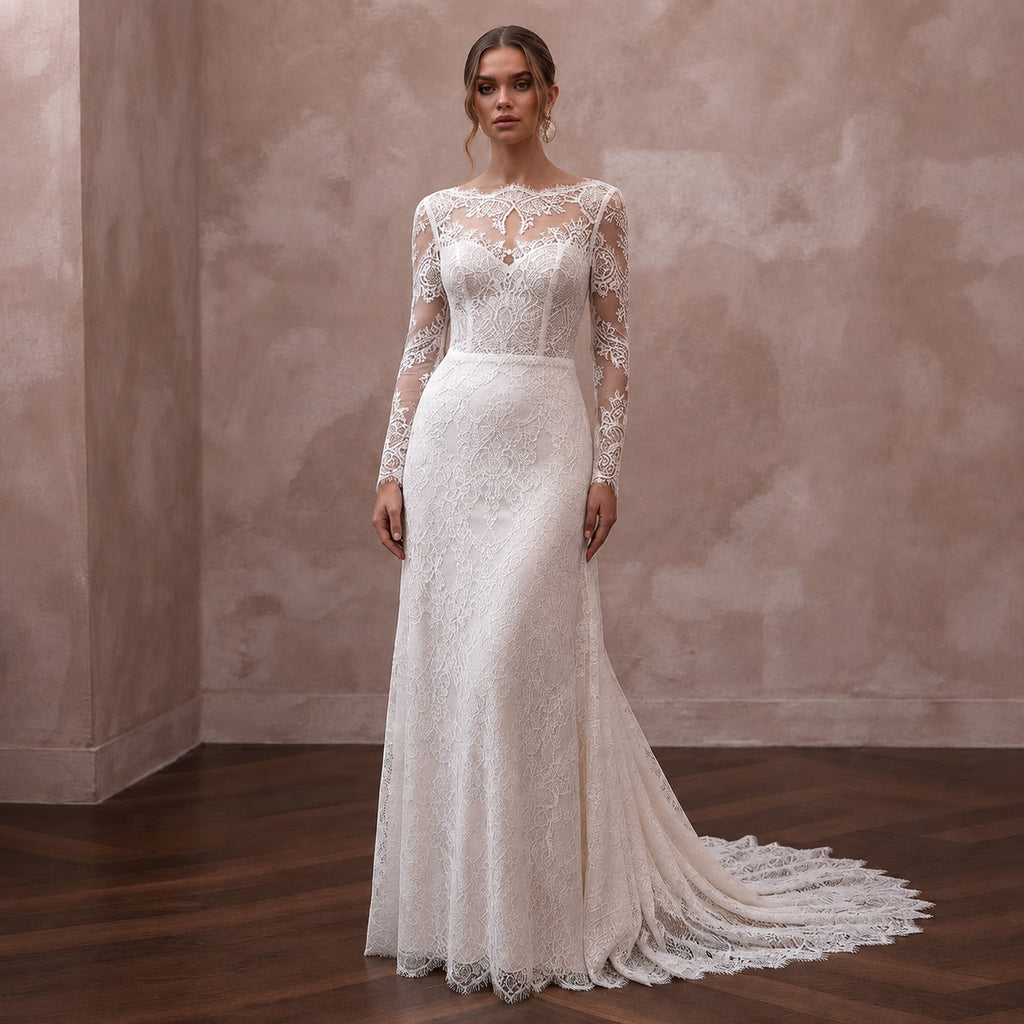 Modest Lace Wedding Dress with Long Sleeves for a Second Wedding