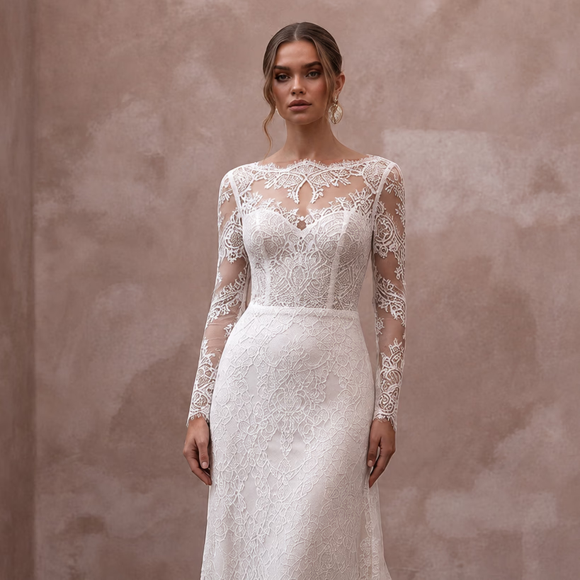 Modest Lace Wedding Dress with Long Sleeves for a Second Wedding