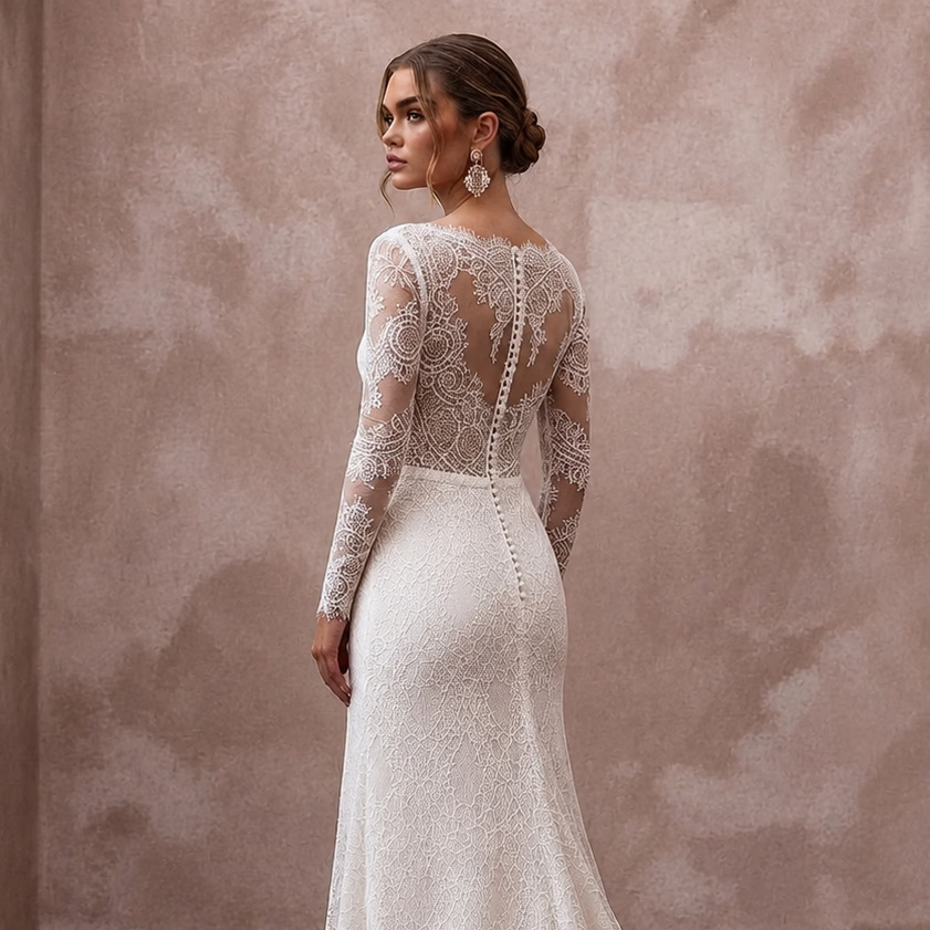 Modest Lace Wedding Dress with Long Sleeves for a Second Wedding