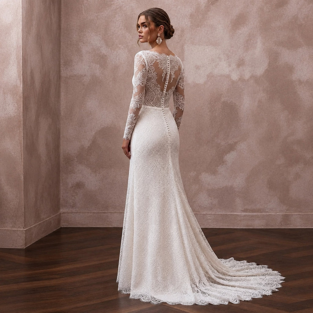 Modest Lace Wedding Dress with Long Sleeves for a Second Wedding