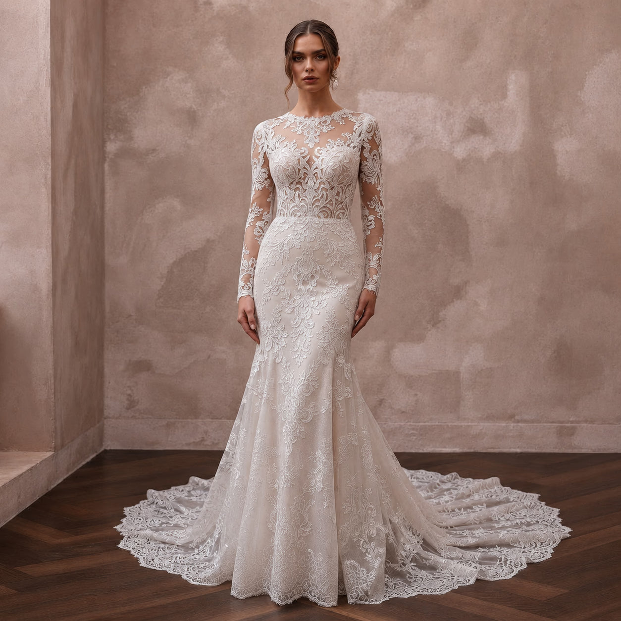 Modest Mermaid Wedding Dress with Long Sleeves and Lace