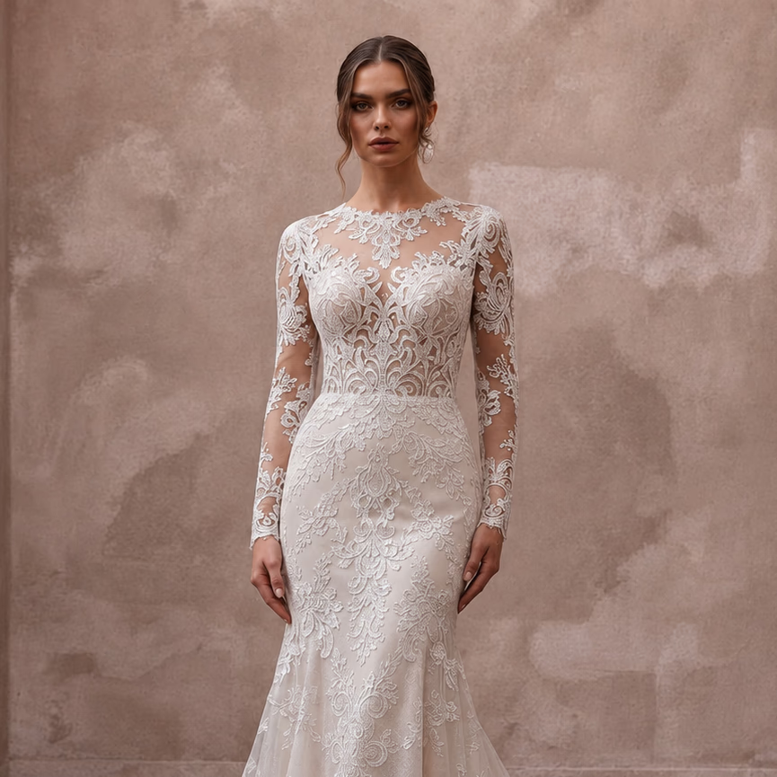 Modest Mermaid Wedding Dress with Long Sleeves and Lace