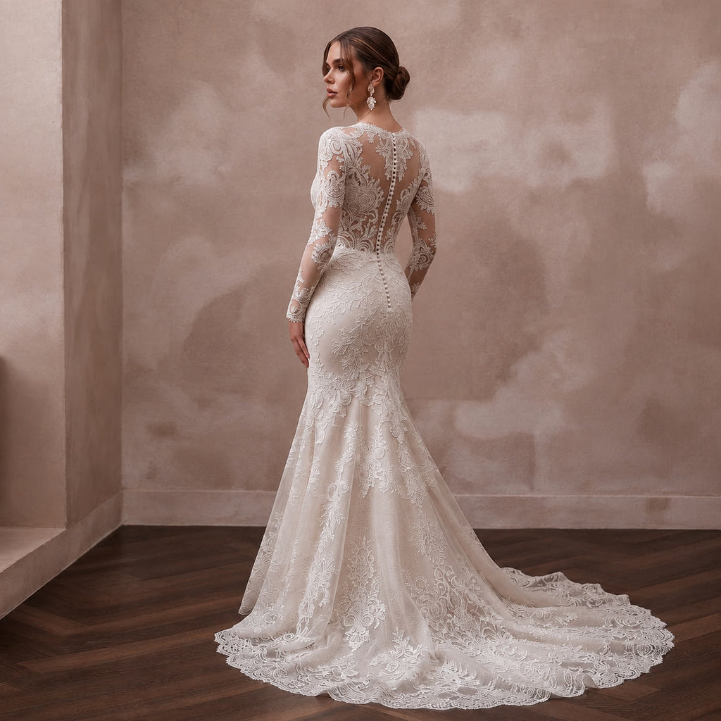 Modest Mermaid Wedding Dress with Long Sleeves and Lace