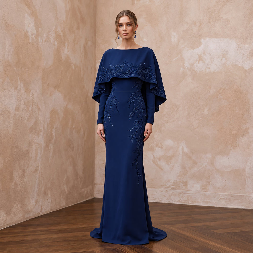 Modest Midnight Blue Crepe Bateau Neck Sheath Dress with Capelet - Apparel & Accessories > Clothing > Wedding & Bridal Party Dresses > Wedding Dresses - Mignonette Bridal