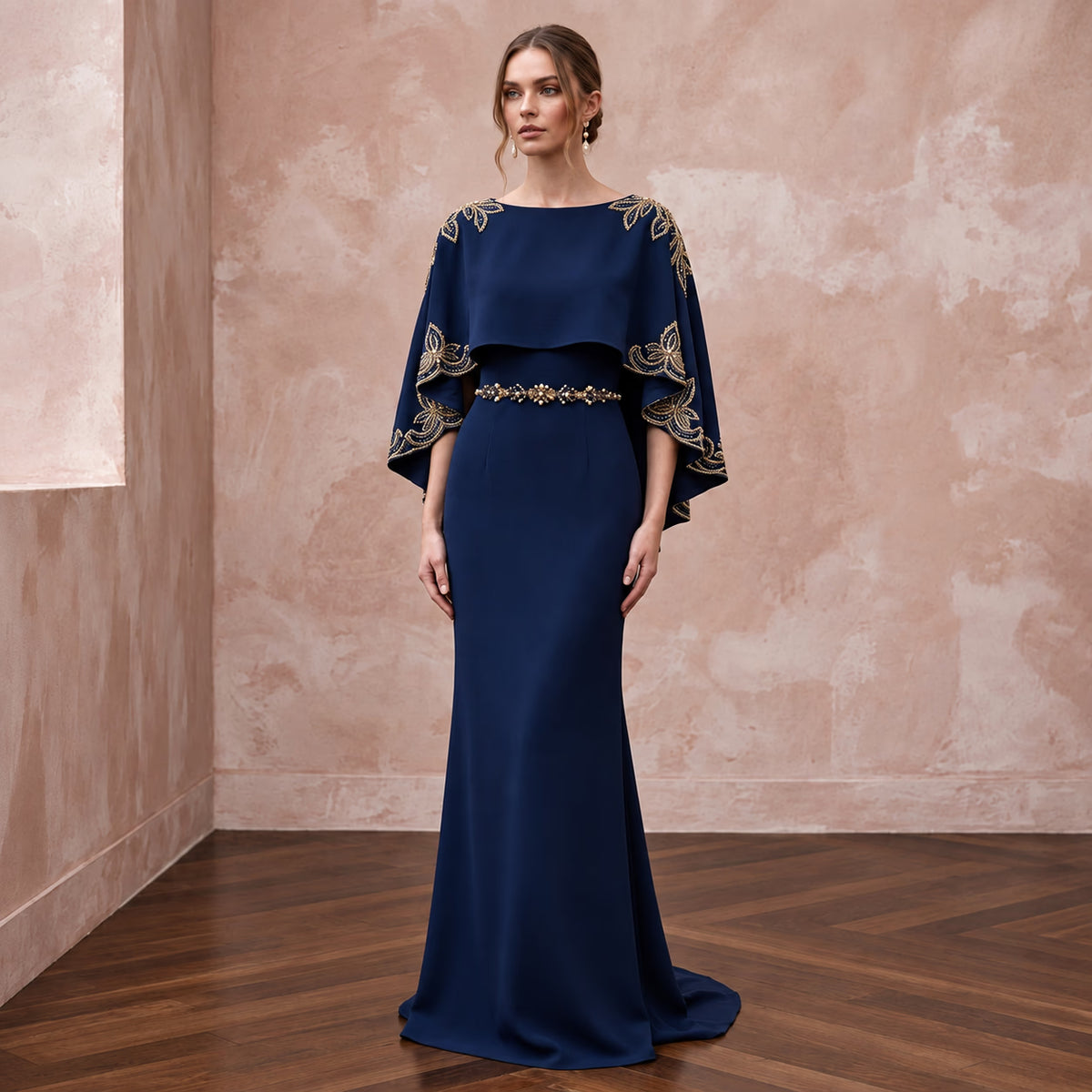 Modest Midnight Blue Crepe Bateau Neck Sheath Dress with Capelet