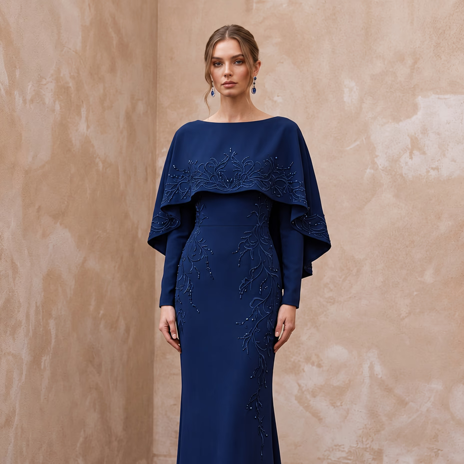 Modest Midnight Blue Crepe Bateau Neck Sheath Dress with Capelet - Apparel & Accessories > Clothing > Wedding & Bridal Party Dresses > Wedding Dresses - Mignonette Bridal