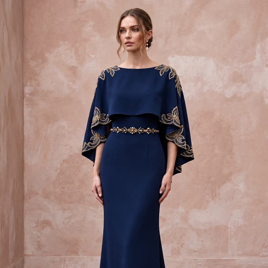 Modest Midnight Blue Crepe Bateau Neck Sheath Dress with Capelet