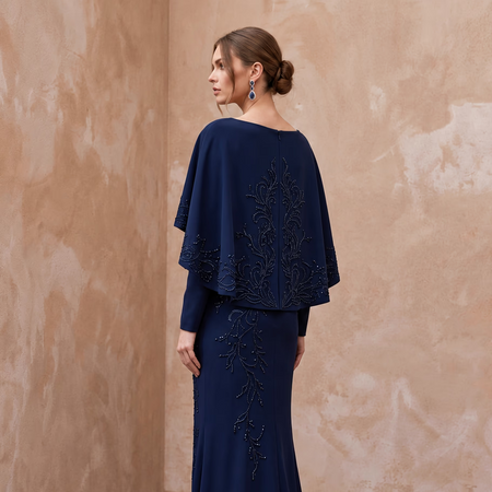 Modest Midnight Blue Crepe Bateau Neck Sheath Dress with Capelet - Apparel & Accessories > Clothing > Wedding & Bridal Party Dresses > Wedding Dresses - Mignonette Bridal