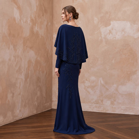 Modest Midnight Blue Crepe Bateau Neck Sheath Dress with Capelet - Apparel & Accessories > Clothing > Wedding & Bridal Party Dresses > Wedding Dresses - Mignonette Bridal