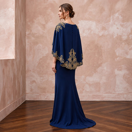Modest Midnight Blue Crepe Bateau Neck Sheath Dress with Capelet