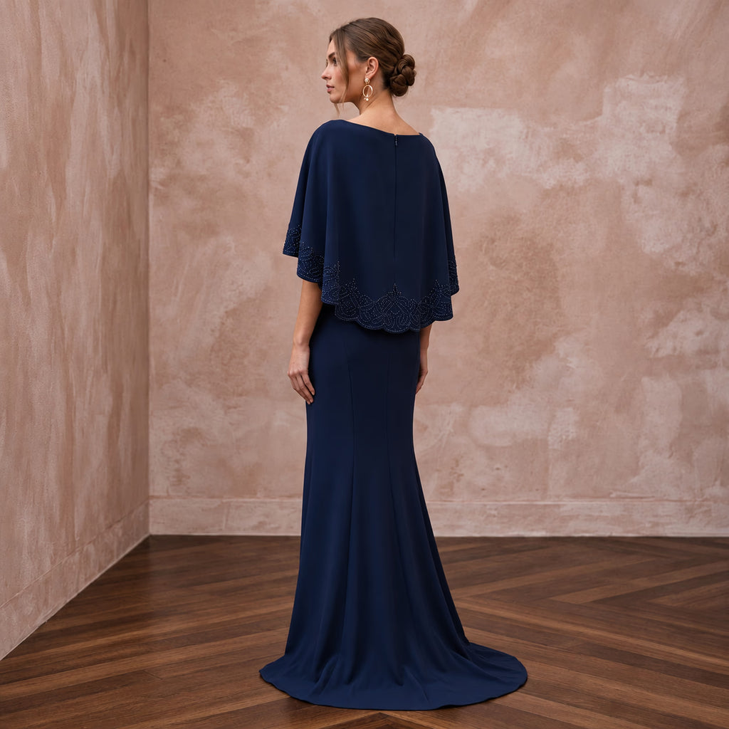 Modest Midnight Blue Crepe Bateau Neck Sheath Dress with Capelet