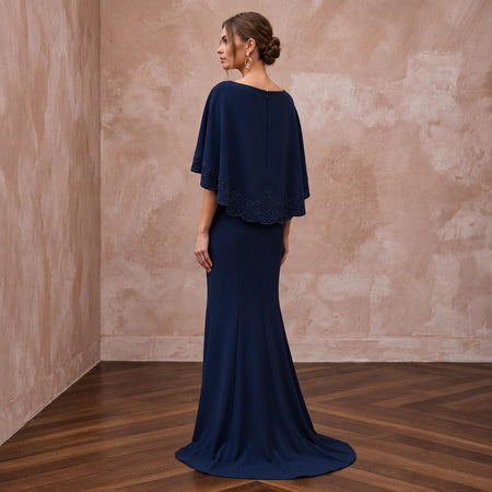 Modest Midnight Blue Crepe Bateau Neck Sheath Dress with Capelet