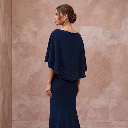 Modest Midnight Blue Crepe Bateau Neck Sheath Dress with Capelet