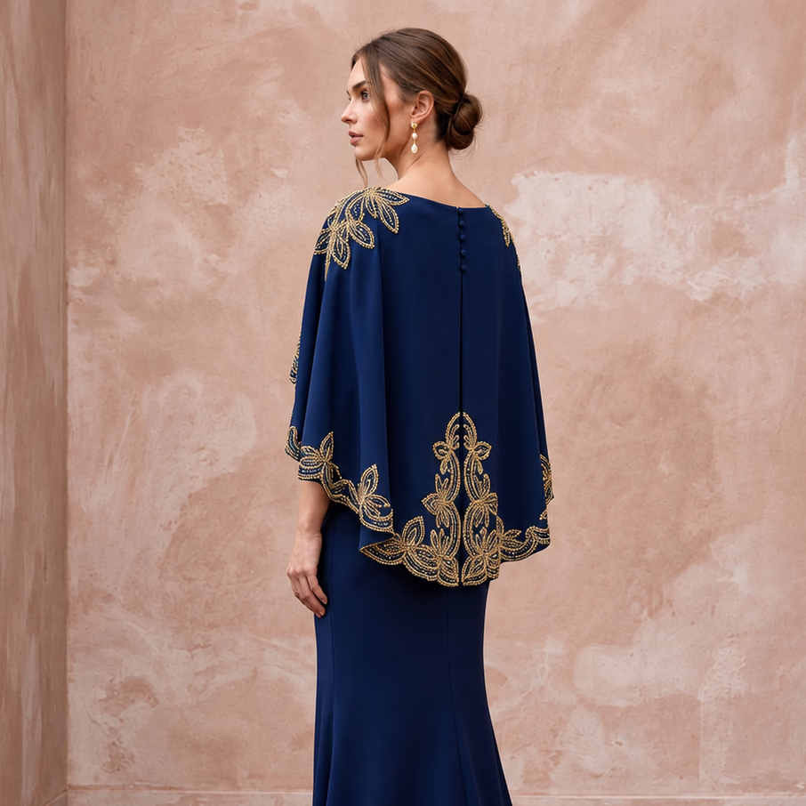 Modest Midnight Blue Crepe Bateau Neck Sheath Dress with Capelet