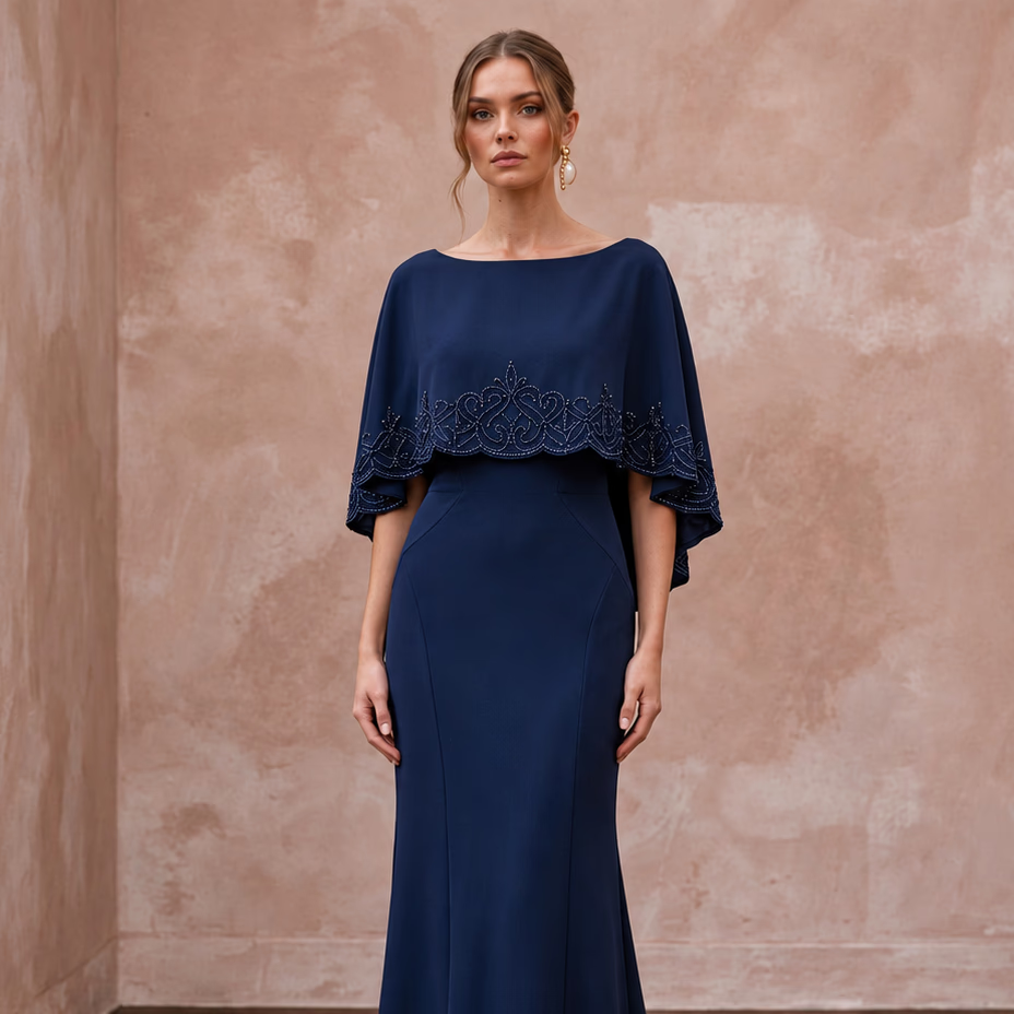 Modest Midnight Blue Crepe Bateau Neck Sheath Dress with Capelet