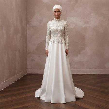 Modest Muslim Wedding Dress with Long Sleeves and Beaded Bodice