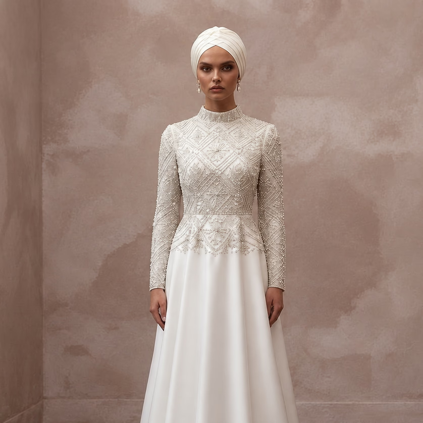 Modest Muslim Wedding Dress with Long Sleeves and Beaded Bodice