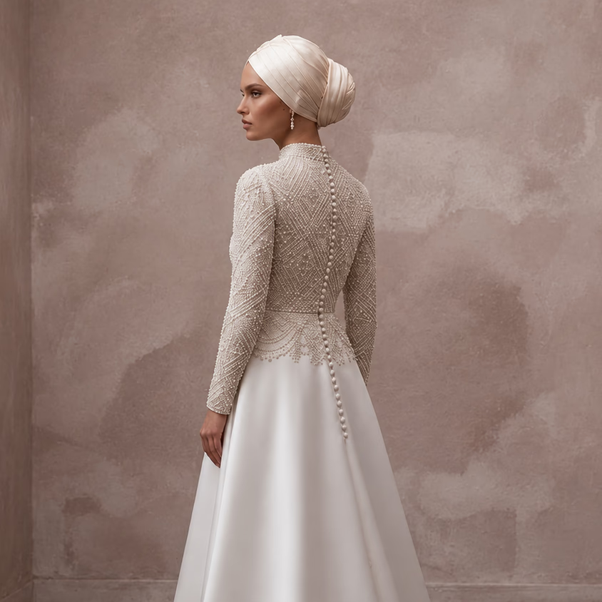 Modest Muslim Wedding Dress with Long Sleeves and Beaded Bodice