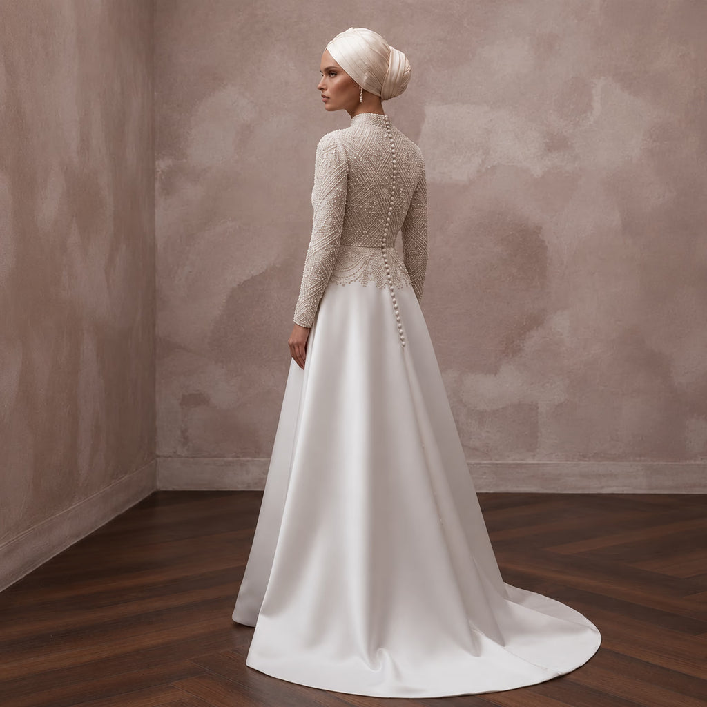 Modest Muslim Wedding Dress with Long Sleeves and Beaded Bodice