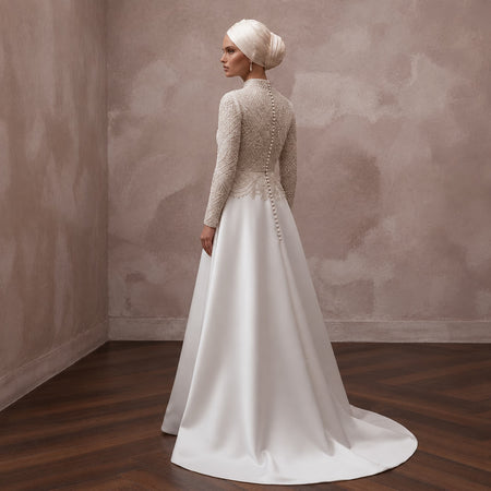 Modest Muslim Wedding Dress with Long Sleeves and Beaded Bodice