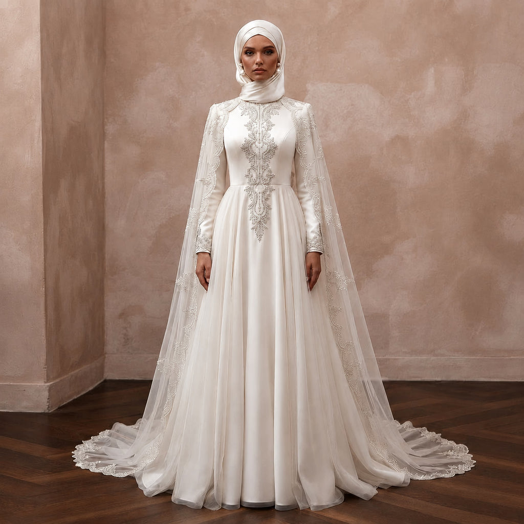 Modest Muslim Wedding Gown with Cape and Long Sleeves