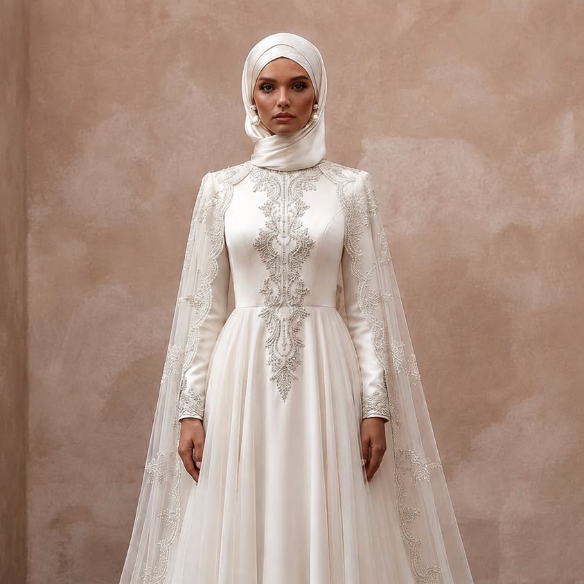 Modest Muslim Wedding Gown with Cape and Long Sleeves